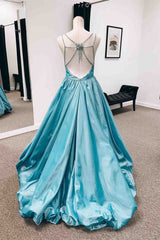 Jade A-line V Neck Cage-Strap Back Satin Long Prom Dress
