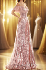 Rose Gold Sequin Off-the-Shoulder A-Line Long Bridesmaid Dress