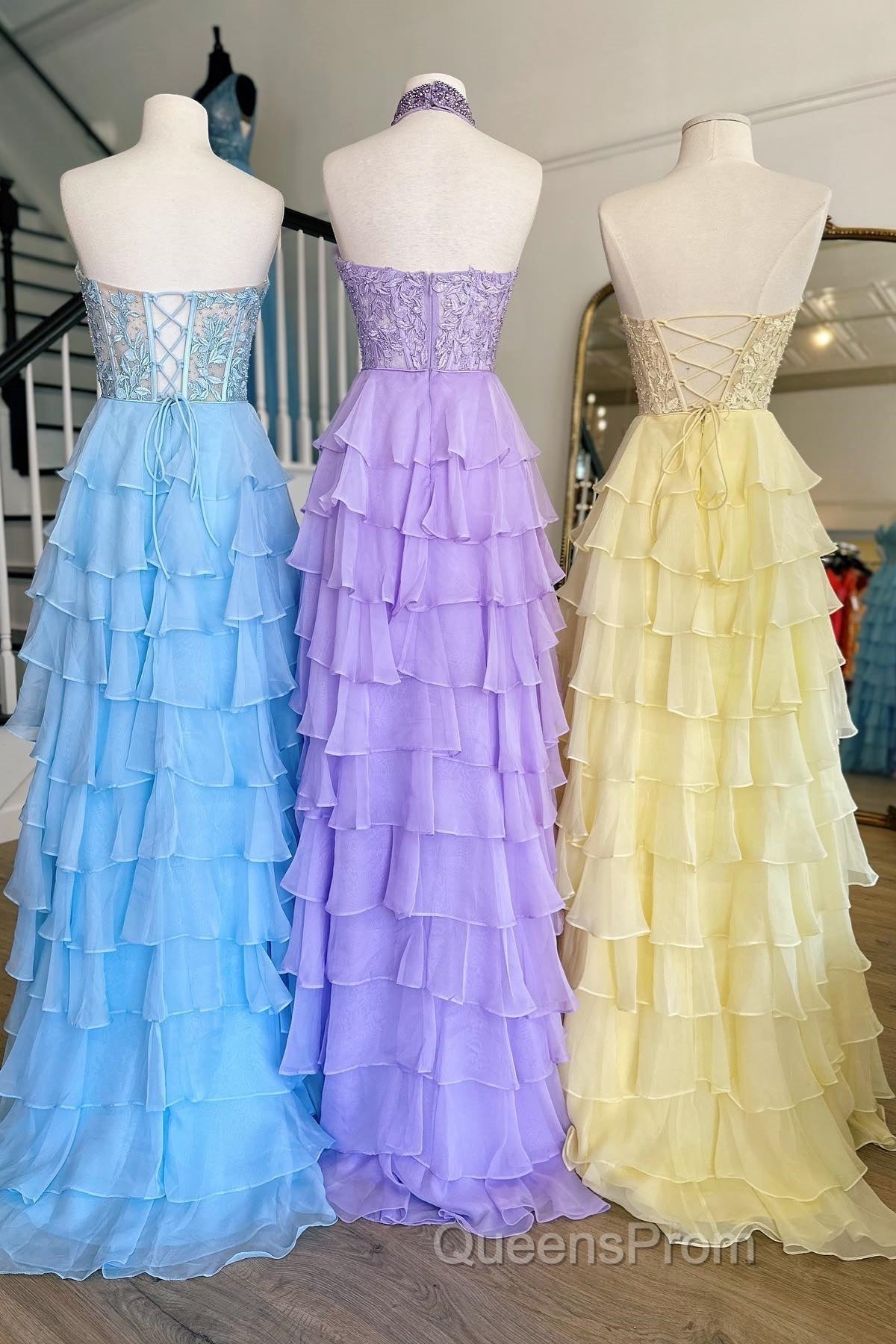 Lavender Illusion Halter Flower Appliques Multi-Layers Long Evening Prom Dress Secondary image