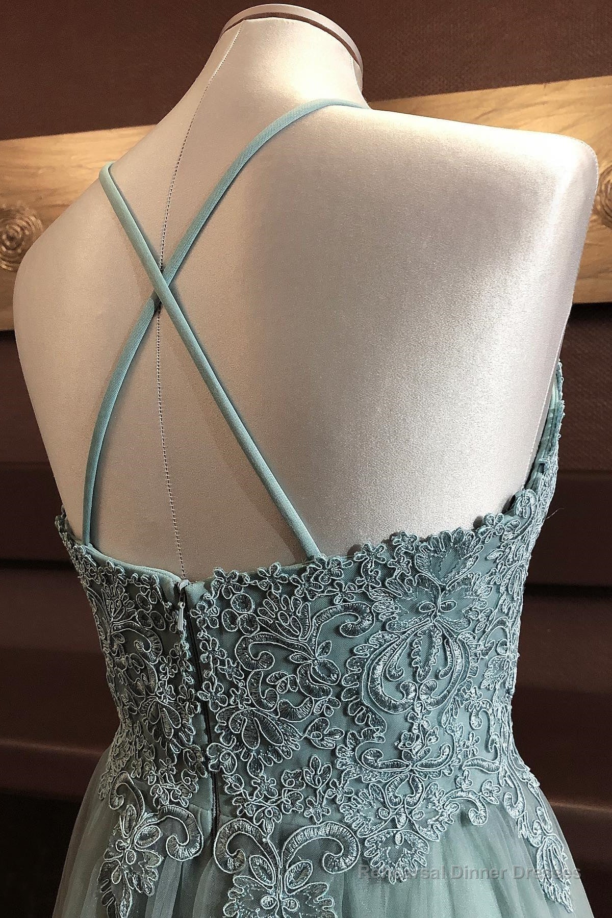 Dusty Green A-line V Neck Cross Back Appliques Tulle Long Prom Dress Secondary image