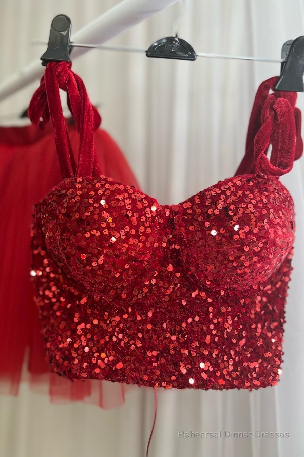 Red Two-Piece Sequins Top Bow Tie Straps A-line Homecoming Dress Secondary image