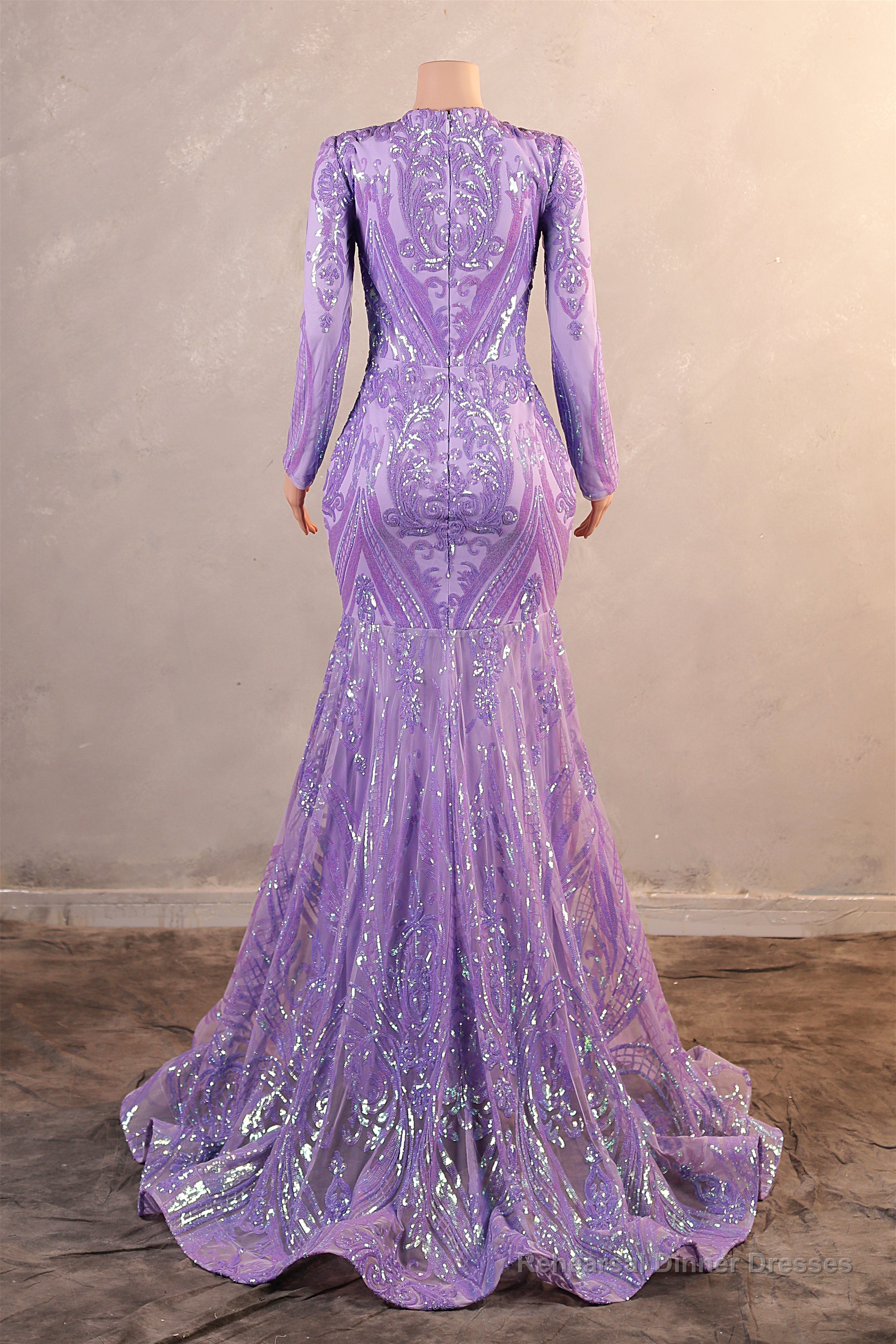 V-Neck Long Sleeve Zipper Sequins Mermaid Sweep Train Evening Dress Secondary image