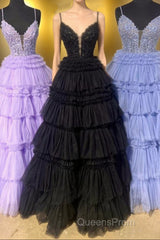 Lilac Floral Layers Spaghetti Straps Lonh Evening Prom Dress