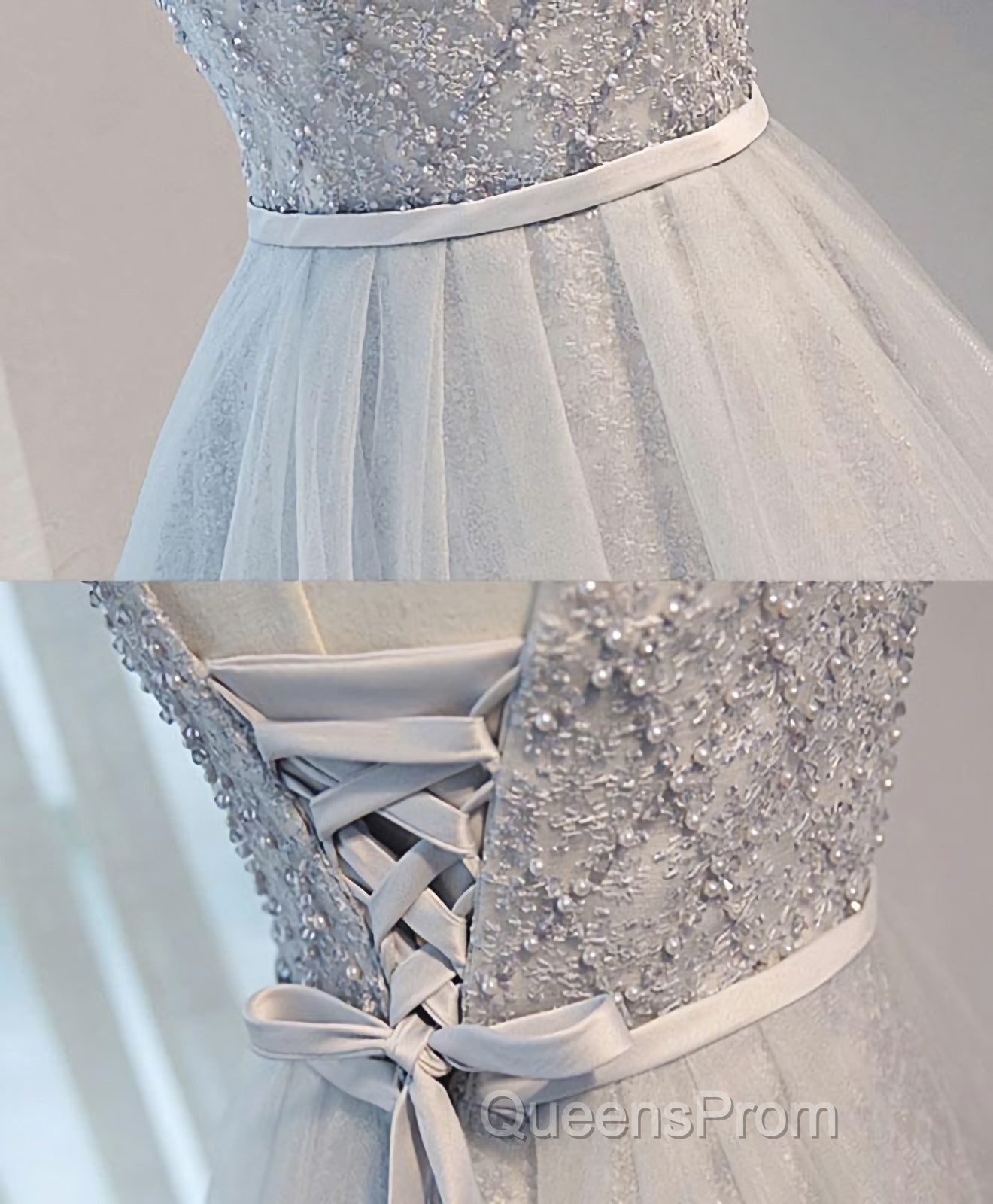 Gray Tulle Beads Short Evening Prom Dress, Gray Homecoming Dress