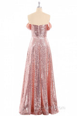 Rose Gold Sequin Off-the-Shoulder A-Line Long Bridesmaid Dress