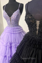 Lilac Floral Layers Spaghetti Straps Lonh Evening Prom Dress