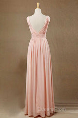 Elegant Plush Pink V-Neck Open Back A-Line Long Bridesmaid Dress