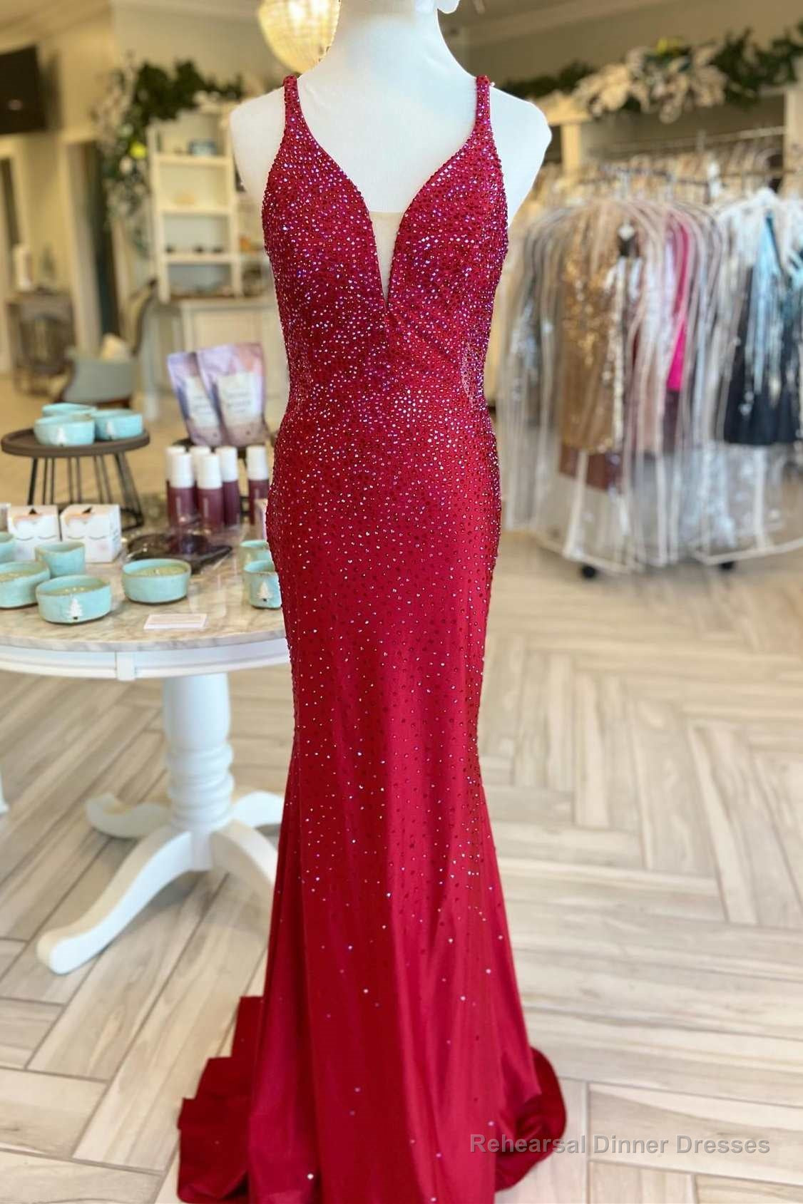 Red Beaded Plunge V Mermaid Long Formal Dress Main image