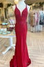 Red Beaded Plunge V Mermaid Long Formal Dress