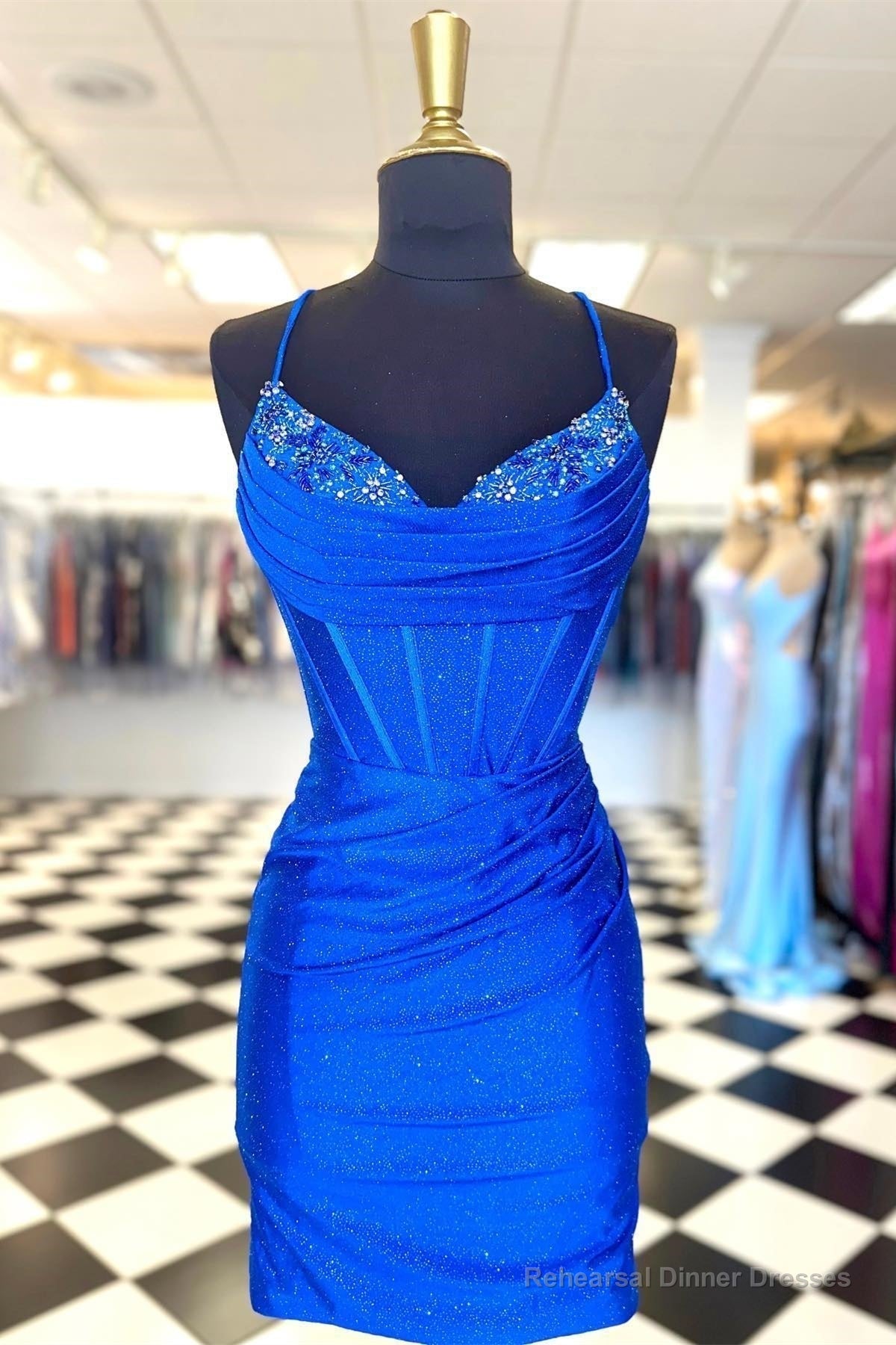Sparkly Royal Blue Beaded Pleated Sheath Lace-Up Homecoming Dress Main image