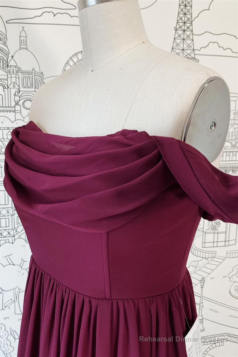 Raspberry Off-the-Shoulder Cowl Neck Chiffon Long Bridesmaid Dress Secondary image