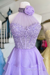 Lavender Illusion Halter Flower Appliques Multi-Layers Long Evening Prom Dress