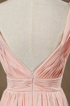 Elegant Plush Pink V-Neck Open Back A-Line Long Bridesmaid Dress