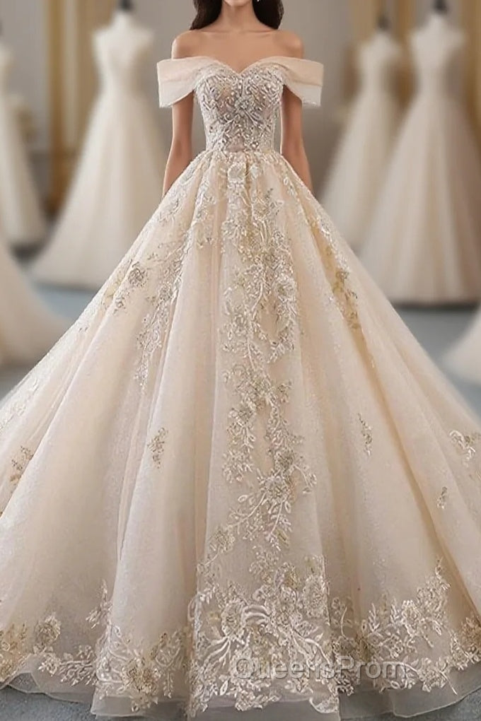 Champagne Off Shoulder Tulle Lace Long Wedding Dress, Wedding Gown Main image