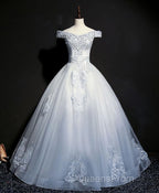 Blue Tulle Lace Off Shoulder Long Evening Prom Dress, Blue Tulle Lace Evening Dress