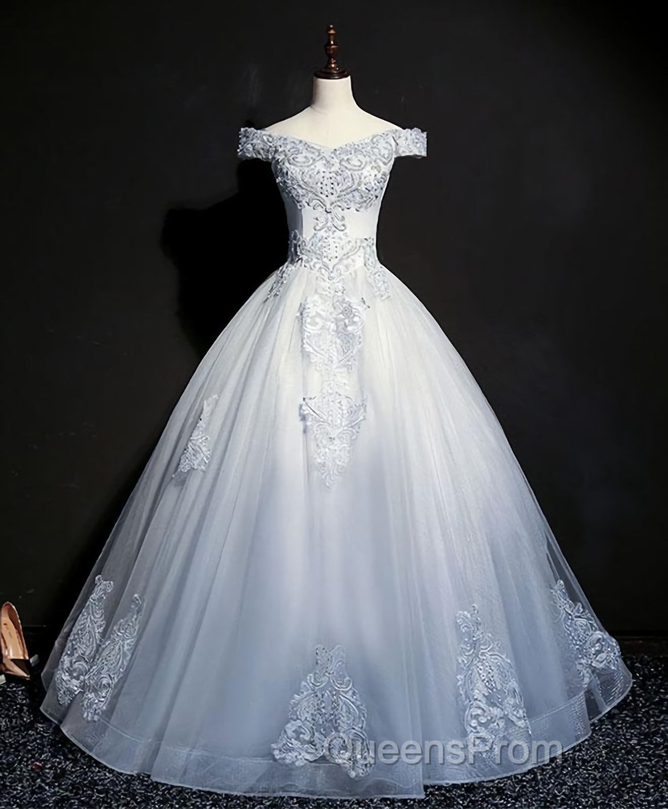 Blue Tulle Lace Off Shoulder Long Evening Prom Dress, Blue Tulle Lace Evening Dress
