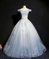 Blue Tulle Lace Off Shoulder Long Evening Prom Dress, Blue Tulle Lace Evening Dress