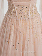 Champagne Pink Tulle Beads Long Evening Prom Dress, Champagne Evening Dress
