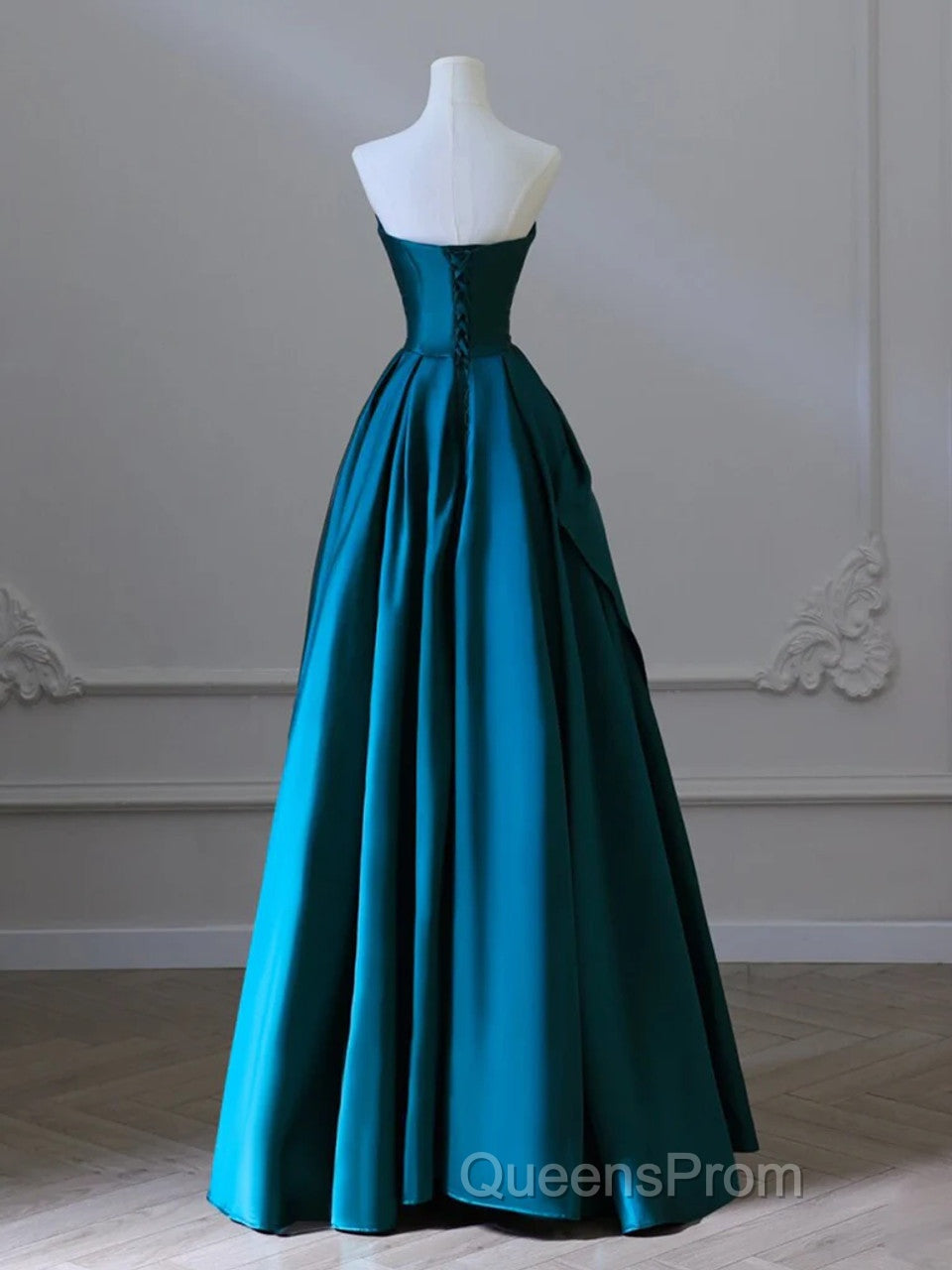 Simple Blue Satin Strapless Evening Prom Dress