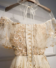 Champagne Tulle Lace Long Evening Prom Dress, Champagne Formal Dress, 1