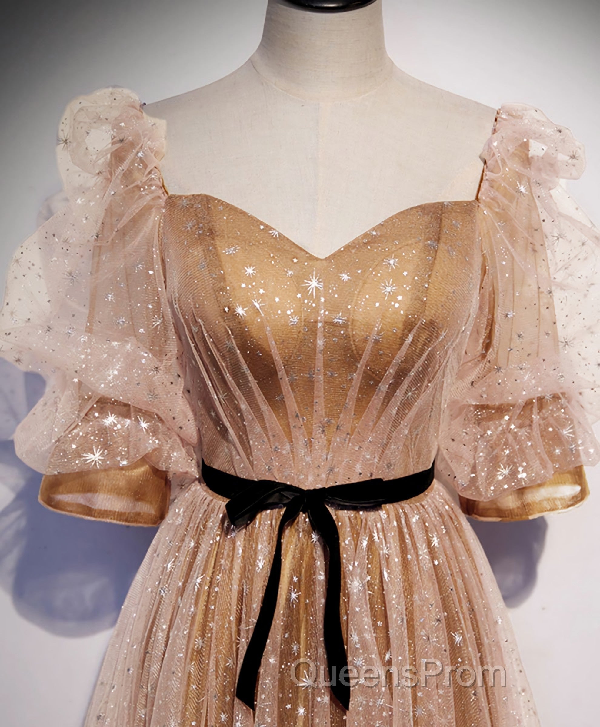 Champagne Sweetheart Tulle Long Evening Prom Dress, Tulle Formal Dress