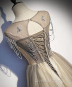 Champagne Round Neck Sequin Long Evening Prom Dress, Tulle Formal Dress