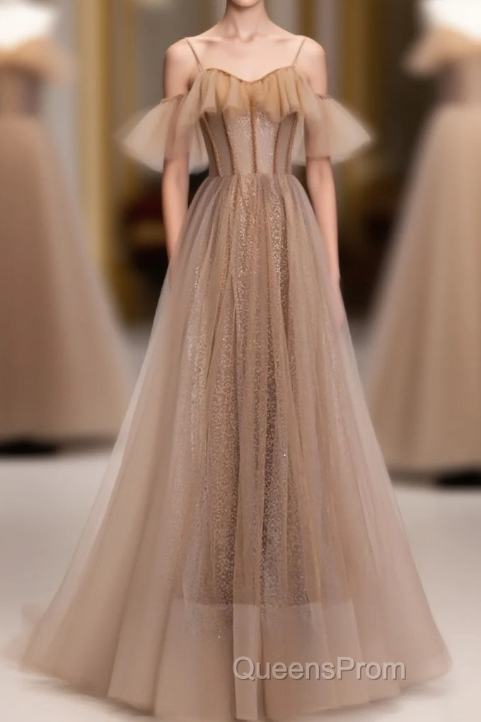 Champagne Tulle Sequin Long Evening Prom Dress, Champagne Evening Dress