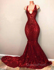 Red Sequins Shiny V-Neck Mermaid Long Evening Prom Dress