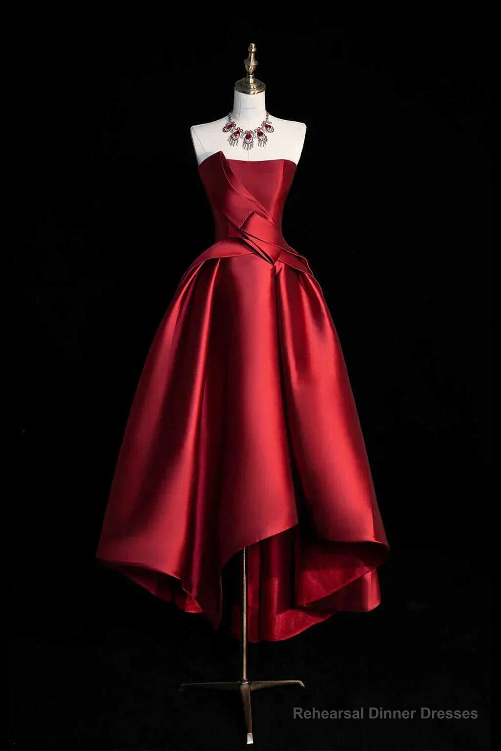 Burgundy Strapless Satin Party Dress, A-Line High Low Evening Dress Main image