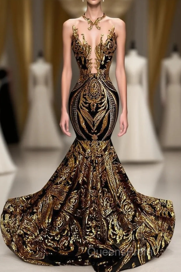 Long Sleeveless Mermaid Evening Prom Dress with Gold Sequins Main image