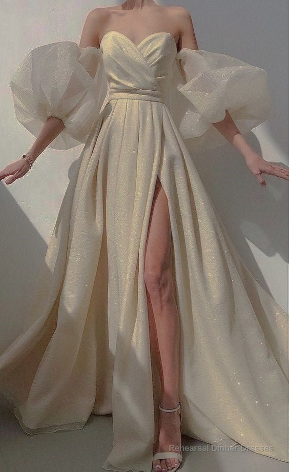 Shimmer Light Champagne A Line Long Evening Dress Removable Puff Sleeves Sweetheart Main image