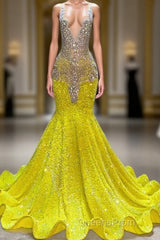 Yellow V-Neck Sleeveless Mermaid Evening Prom Dress Featuring Beadings and Sequins