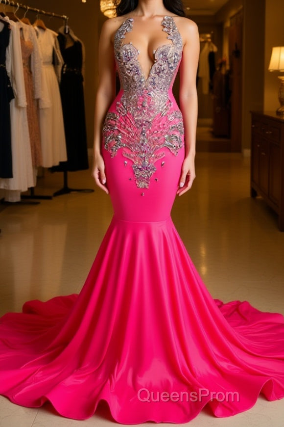 Sleeveless Velvet Mermaid Style Dress with Beadings in Pink Barbie Color Main image