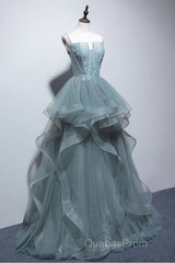 Gray Spaghetti Straps Tulle Princess Formal Evening Party Dress Long Formal Evening Prom Dress