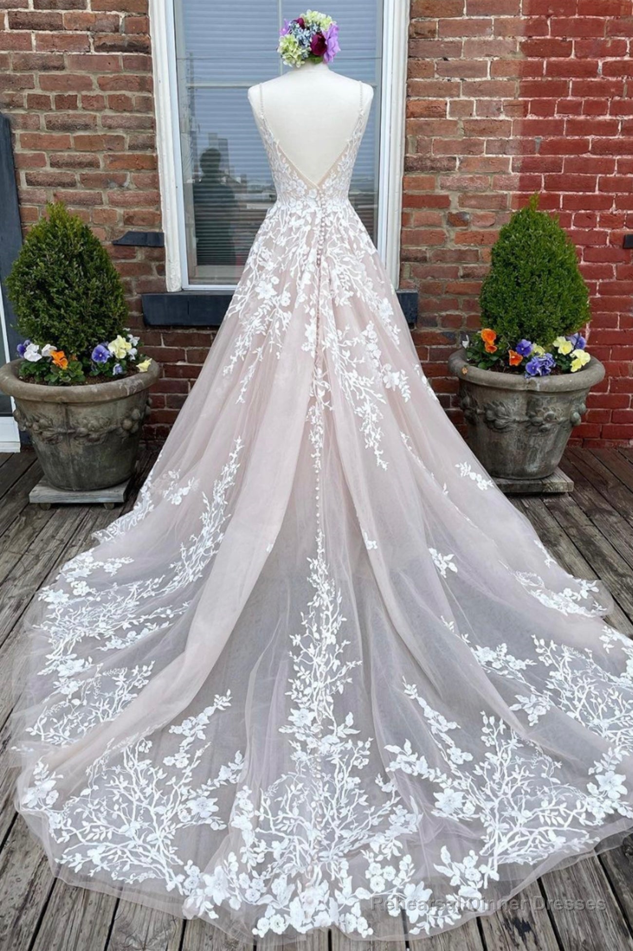 A-Line Tulle Lace Long Prom Dresses, V-Neck Backless Evening Dresses Secondary image
