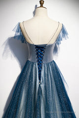 Blue Tulle Long Prom Dresses, A-Line Formal Evening Dresses