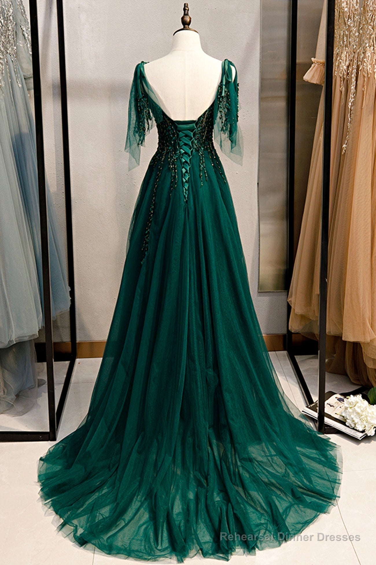 Green V-Neck Lace Long Prom Dresses, A-Line Evening Dresses Secondary image
