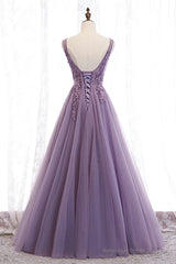 Purple V-Neck Lace Long Prom Dresses, A-Line Evening Party Dresses