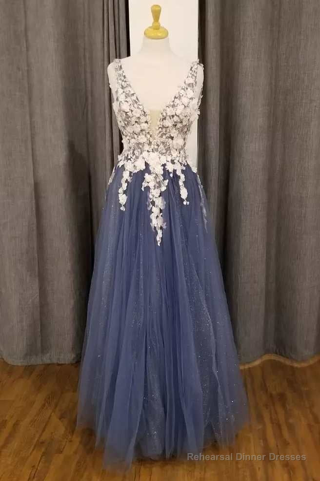 White and Navy 3D Floral Lace Plunge Neck A-Line Prom Dress Main image