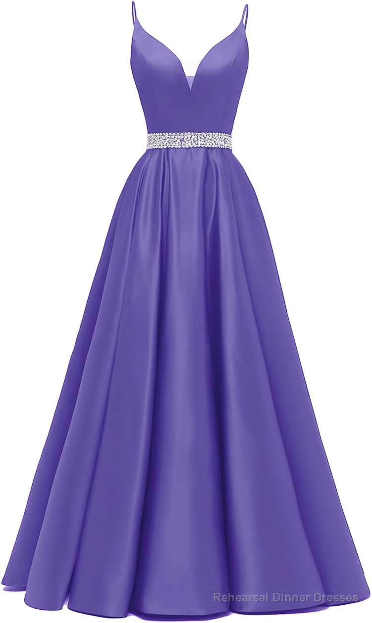 Spaghetti Straps Prom Dresses Long Satin Beaded V-Neck Formal Evening Party Ball Gowns with Pockets Secondary image