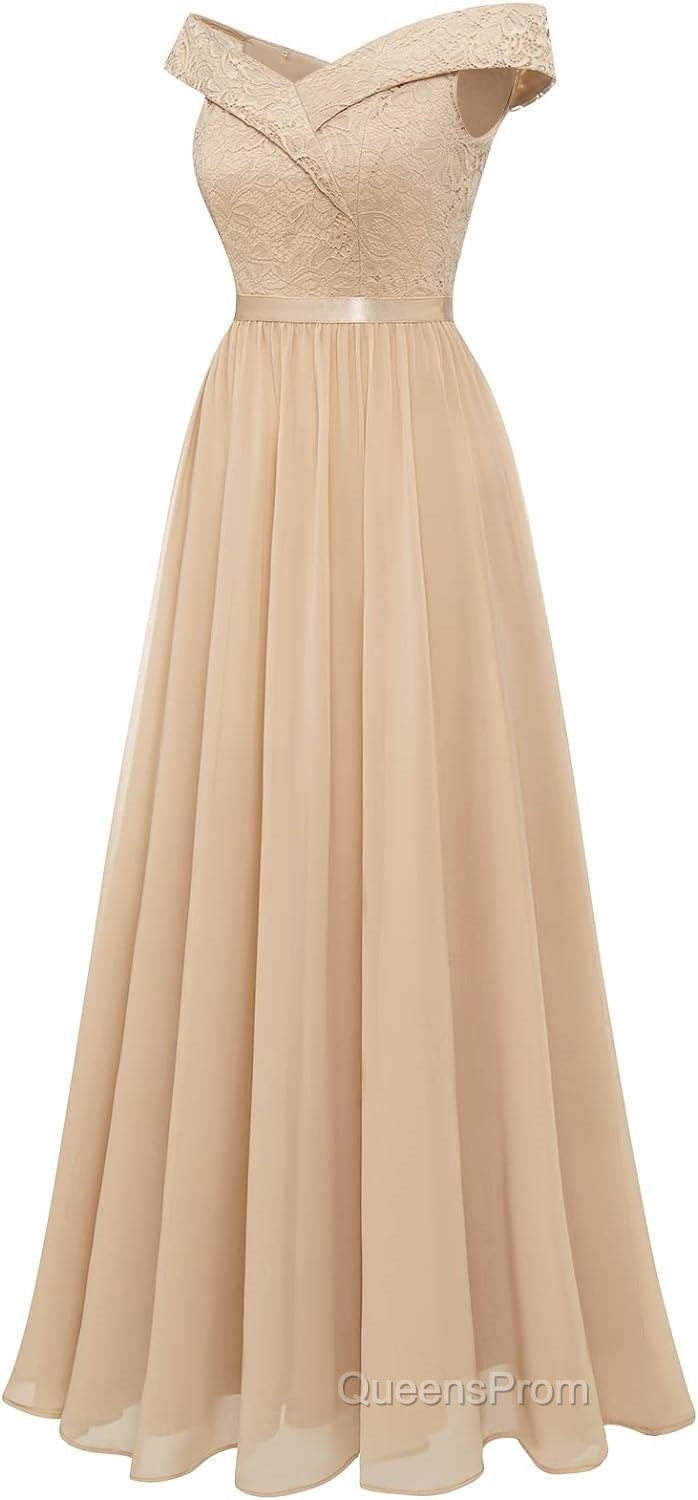 Womens Lace Bridesmaid Dress A-Line Off Shoulder Floral Lace Chiffon Evening Prom Dress