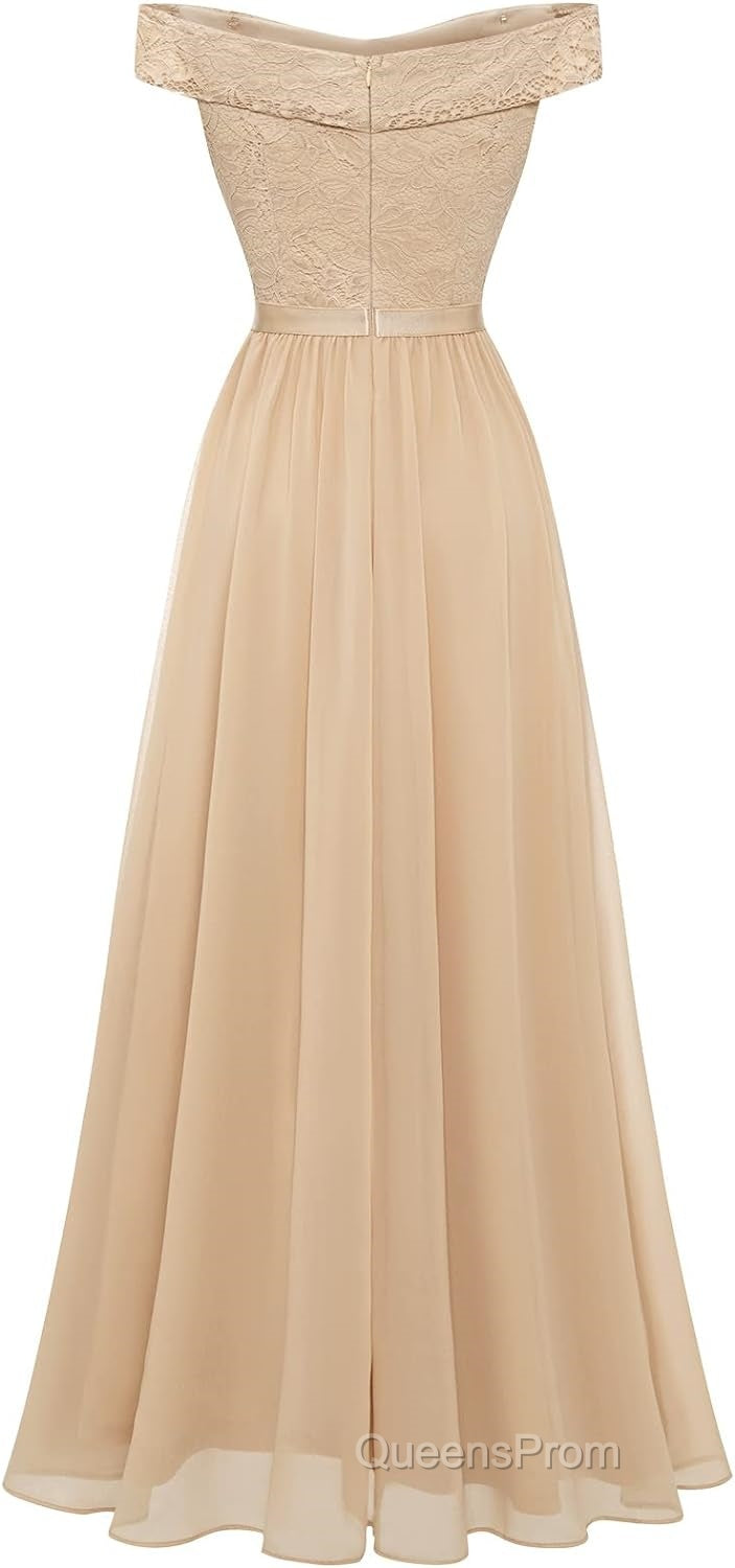 Womens Lace Bridesmaid Dress A-Line Off Shoulder Floral Lace Chiffon Evening Prom Dress