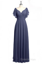 Navy Blue V-Neck Backless Ruffled A-Line Long Dress