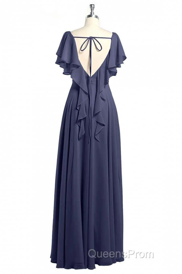 Navy Blue V-Neck Backless Ruffled A-Line Long Dress Secondary image