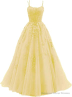 Womens Lace Appliques Prom Dresses Long Spaghetti Strap Ball Gowns Tulle Formal Dress for Party