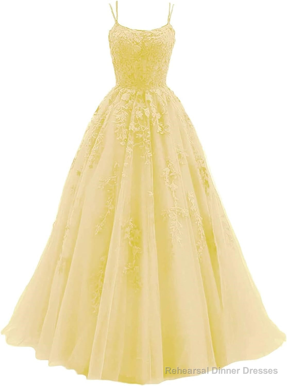 Womens Lace Appliques Prom Dresses Long Spaghetti Strap Ball Gowns Tulle Formal Dress for Party