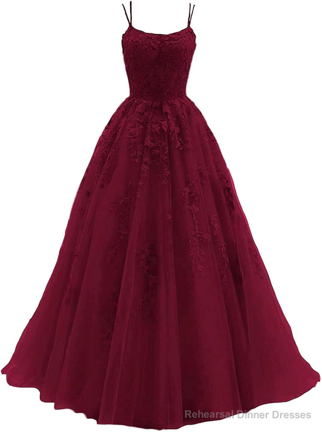 Womens Lace Appliques Prom Dresses Long Spaghetti Strap Ball Gowns Tulle Formal Dress for Party