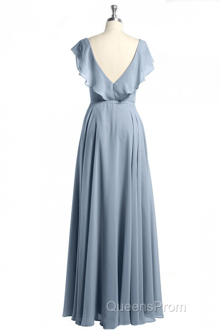 Dusty Blue V-Neck Backless Ruffled A-Line Long Bridesmaid Dress Secondary image