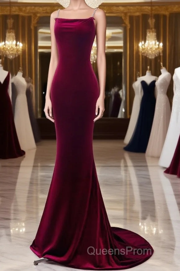 Simple Velvet Mermaid Burgundy Long Evening Prom Dress, Burgundy Long Formal Dress Main image