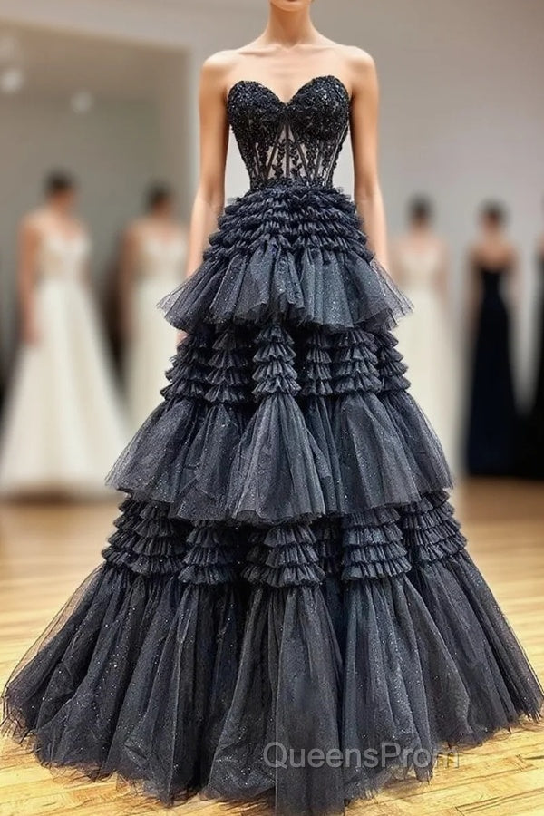 Black Sweetheart Neck Tulle Lace Long Evening Prom Dress, Black Formal Evening Dress Main image
